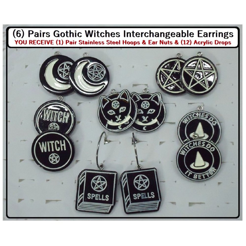 6/$20 Gothic Black&White Dark Moon Interchangeable Charm Earrings-6 Pairs in Set